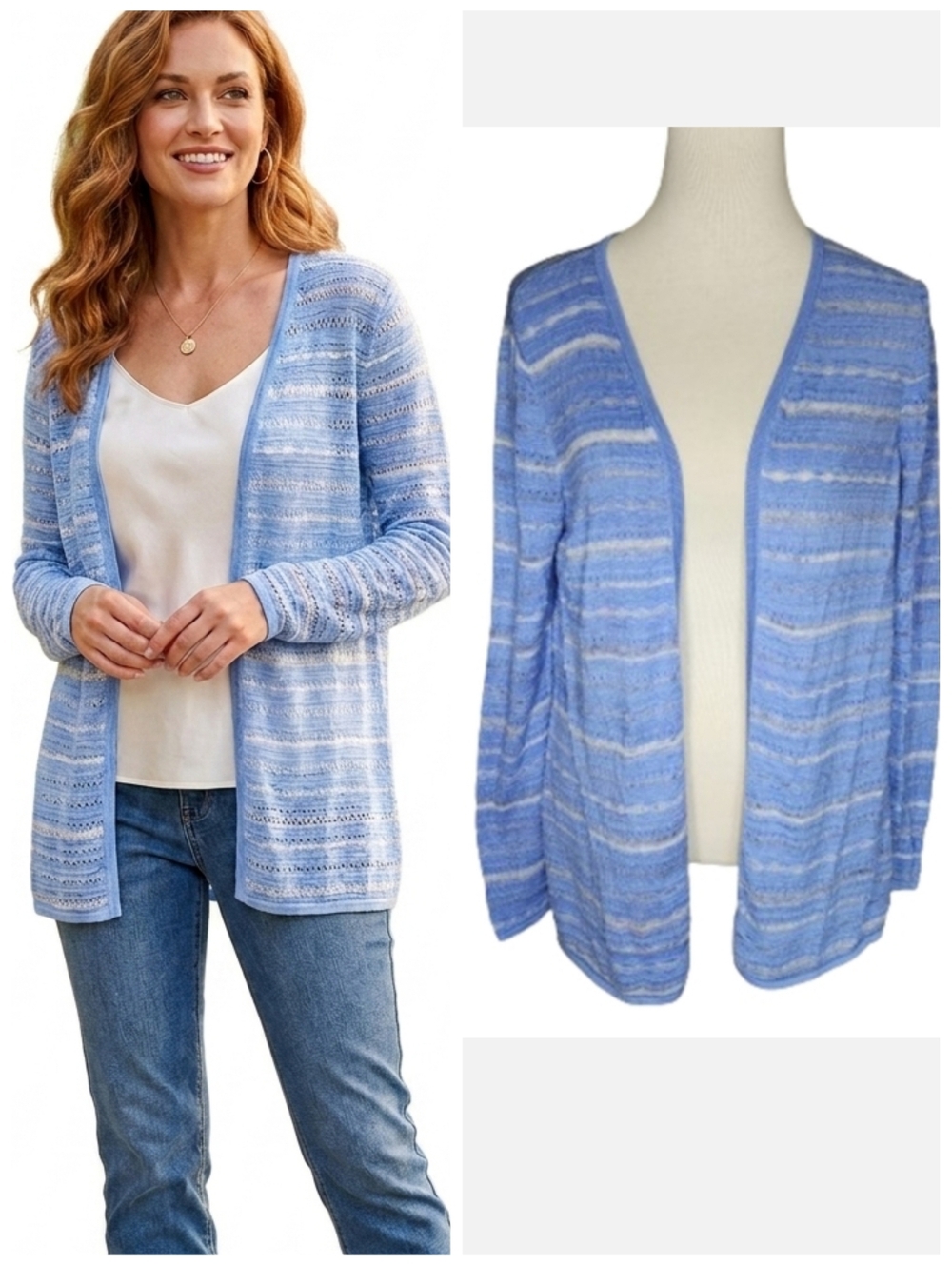 Chico's Blue & Gray lightweight Open Front cardigan sweater Women's size medium